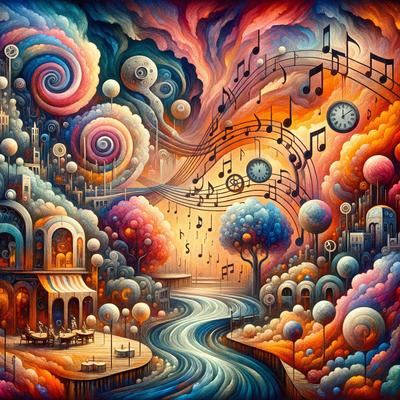 The primary subject of the image is a painting featuring a river with a clock tower, a boat, and a clock. The setting is a colorful and imaginative landscape, with a mix of natural elements and musical notes. The visual style is a combination of digital art and illustration, creating a vibrant and whimsical atmosphere. The dominant colors are a mix of blue, green, and orange, with the presence of musical notes adding a sense of harmony and creativity to the scene.